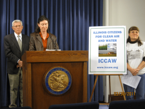 Stacy James speaks about factory farms at a press conference in the Blue Room of the Capitol Building. Joining her were University of Missouri professor emeritus John Ikerd, and Illinois Citizens for Clean Air & Water member Cindy Bonnet.