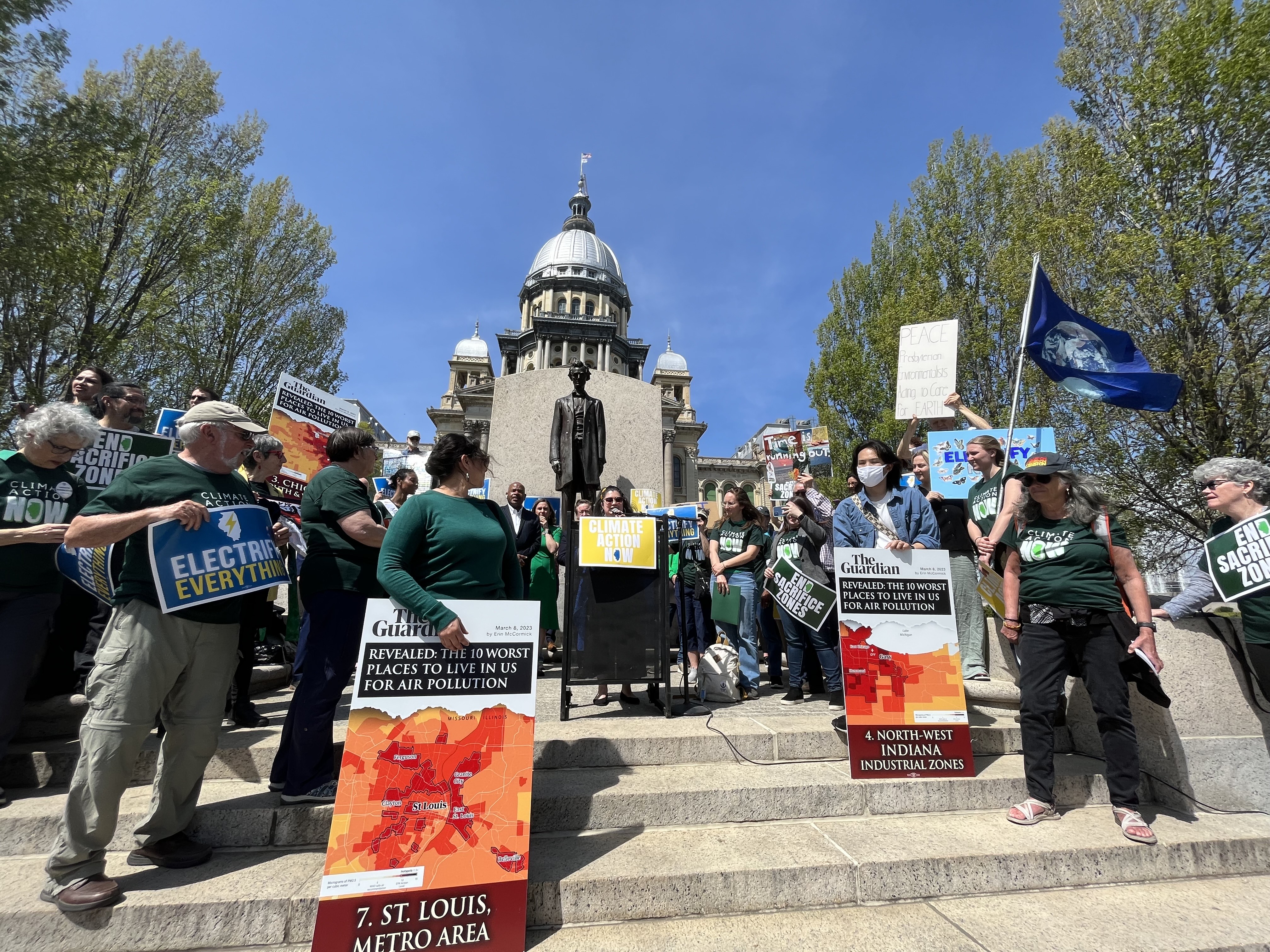 Environmental Lobby Day participants rally in front of the Illinois Capitol building.