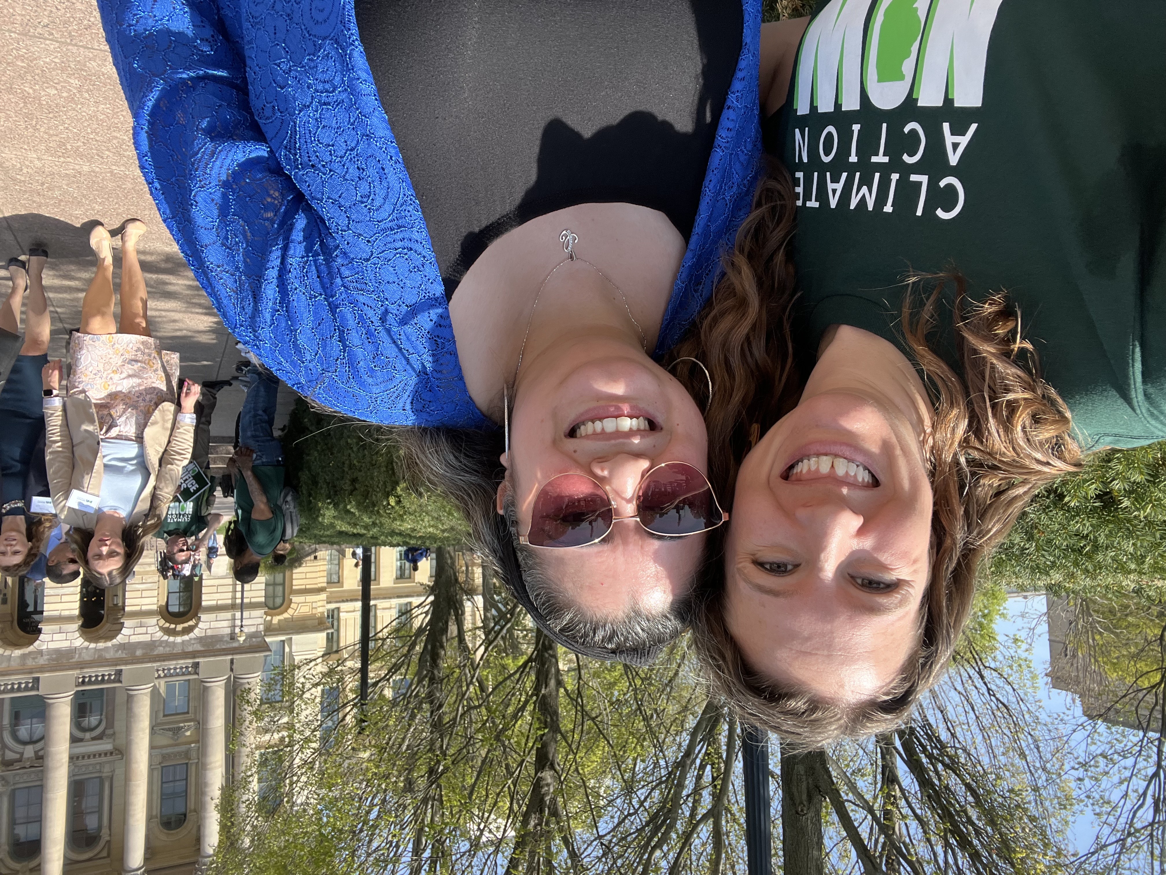 PRN's Amanda Pankau poses with Celeste Flores of Clean Power Lake County in front of the Illinois State Capitol for Environmental Lobby Day
