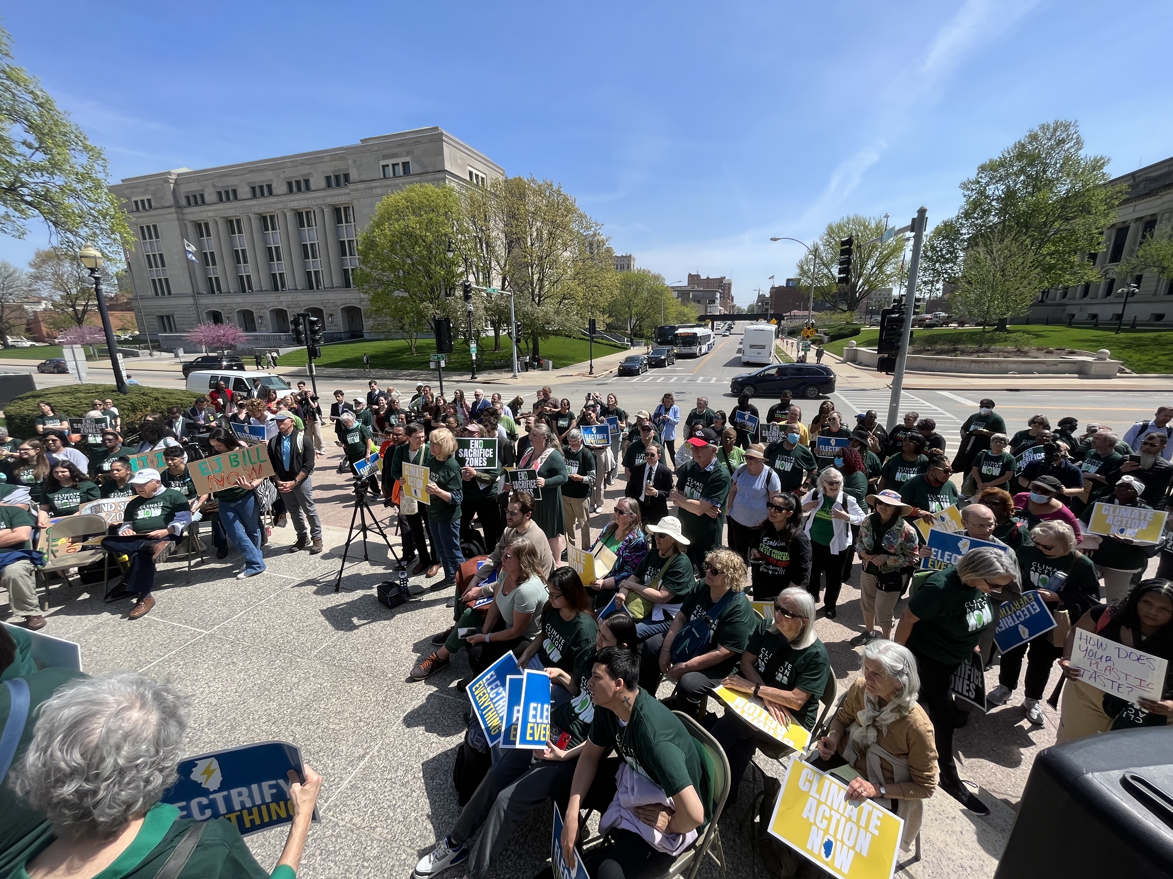 Environmental Lobby Day participants rally outside the Illinois State Capitol.