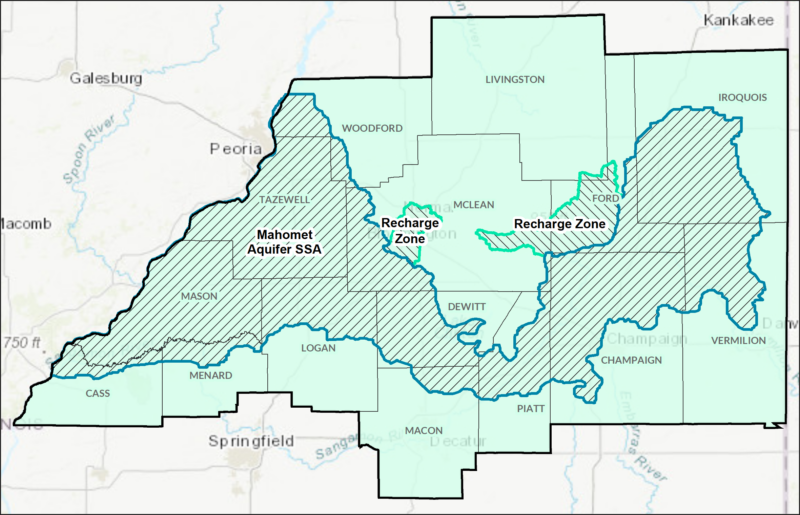 Map of the Mahomet Aquifer sole source area and the recharge zones.