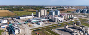 Aerial view of a large biofuel processing plant.