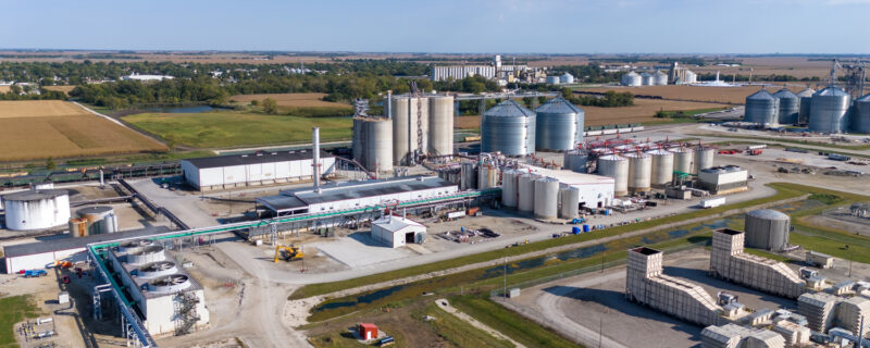 An aerial view of a large biofuel processing facility. 